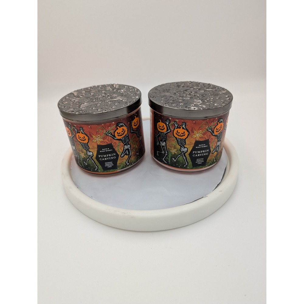 Bath & Body Works Pumpkin Carving‎ 3 Wick Candle Set of 2 Halloween Skull Lids